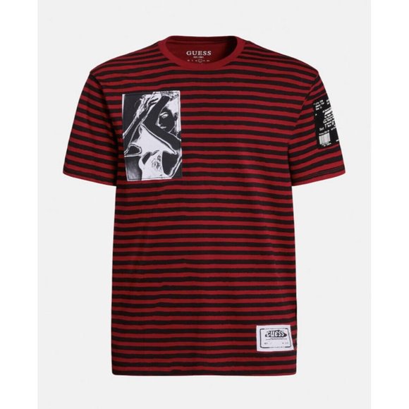 Guess Men’s Stripe Motif T-Shirt With Patches Red-Black Size XS - Picture 2 of 3